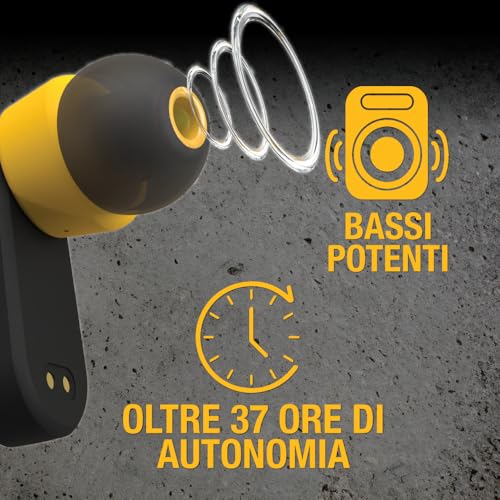 DEWALT True Wireless Bluetooth Earphones In-Ear Headphones with USB-C Charging Case, Up to 37 Hours Autonomy, Dust and Water Resistant IP56 Ideal for Work, Construction Site and Outdoor Use Yellow