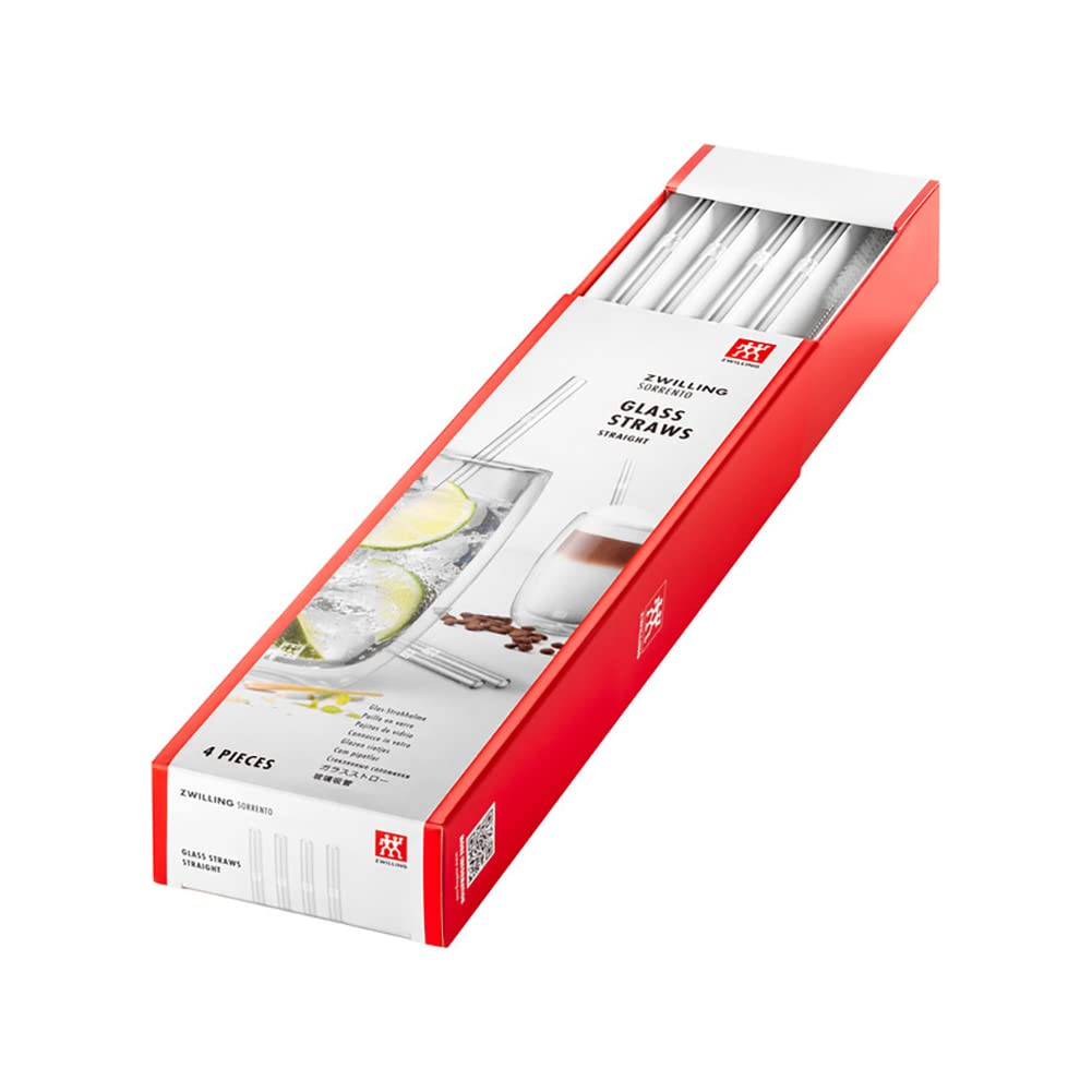 ZWILLING Sorrento Glass Straws Sustainable and Reusable Borosilicate Glass for Cold and Hot Drinks, Pack of 4, Length: 23 cm, Straight Shape, Colour: Transparent, Includes Cleaning Brush