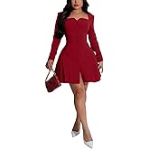 acelyn Womens Sexy Square V Neck Short Wedding Dresses Long Sleeve Button A-Line Pleated Blazer Club Party Mini Dress