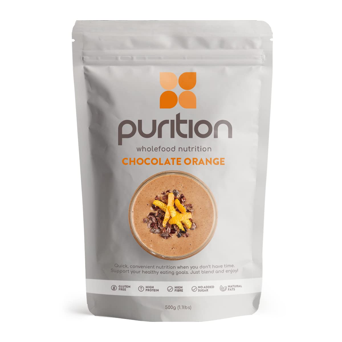 Purition Chocolate Orange – High Protein Wholefood Shake | 500g Natural Meal Replacement with Whey Protein for Keto Diet, Weight Loss & Healthy Breakfasts | 12 Servings