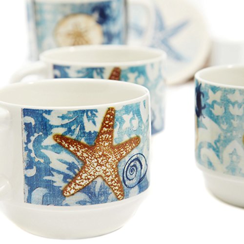 CEDAR HOME Coffee Ceramic Mug Saucers Set Porcelain Stacked Tea Cup With Holder and Plate 6oz., Set of 4, Blue