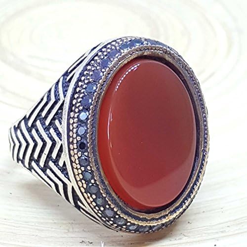 handmade 925 sterling silver men ring natural red agate aqeeq