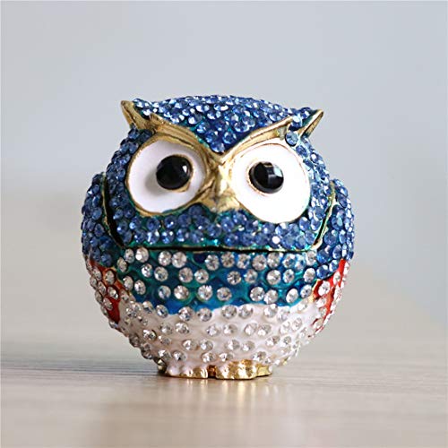 Waltz&F Diamond Light Blue Owl TrinketBox Hinged Hand-Painted Figurine Collectible Ring Holder