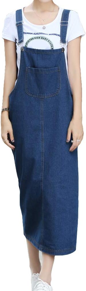 Fangcheng Women's Long Maxi Dress Denim Overall Suspender Dress with Pockets Casual Adjustable Tower Buckle Ladies Slim Slit Jean Strap Dress