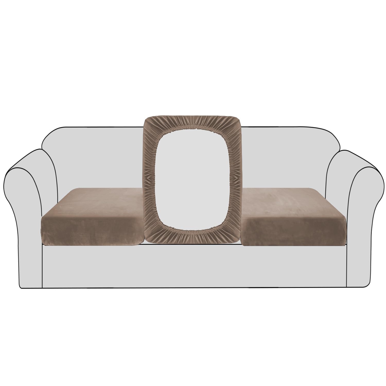 BellaHills Velvet Stretch Sofa Seat Cushion Covers - Modular Couch Cushion Protector with Elastic Bottom (3 Pieces, Taupe)