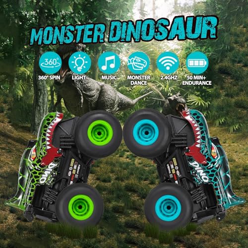 Uniiking® Remote Control Monster Car, 2.4Ghz All Terrain Dinosaur Monster Truck Toys, RC Truck with Music, 3 Lighting Effects, 360 Stunt Capable, Toy Gifts for Boys and Girls (Cyan)