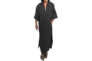 YAOHUOLE Men's Long Sleeve Kaftan Side Split Long Gown Thobe Hooded Men Caftan