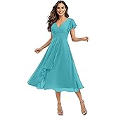 Weinaze Women's Short Chiffon Bridesmaid Dress with Ruffles Flutter Sleeve V-Neck Cocktail Formal Gowns 2026 with Pockets