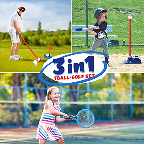EagleStone 3 in 1 T Ball & Golf & Tennis Baseball Sets for Toddlers, Adjustable Tball Set for Kids 3-5, Golf Set with E-Practice Hole,Outdoor Indoor Game Toys w/ 11 Balls for Boys Girls
