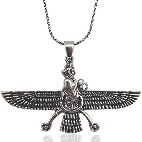 Extra Large 925 Sterling Silver Double Sided Farvahar Necklace Iranian Persian Farohar Chain (19.5" Sterling Chain)