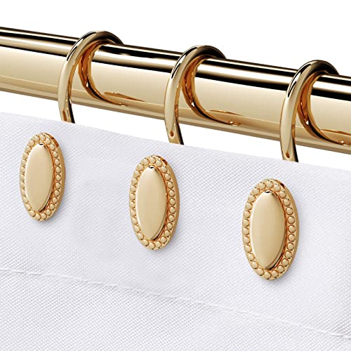 Brass Gold Shower Curtain Hooks and Rings, Rust Resistant Heavy Duty Metal Set of 12, Warm Gold