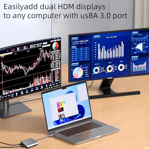 USB 3.0 to HDMI Splitter Extended Display Dual Monitors, USB 3.0-A/C to Dual HDMI Adapter 4K 30Hz+1080p60Hz for M-acBook/M-acBook Pro Air Dell (MST Support MacOS/Windows)