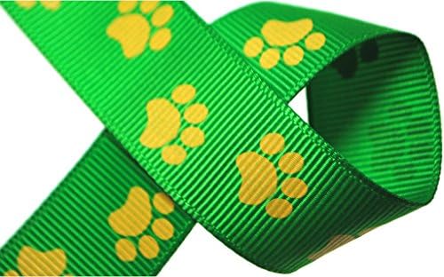 7/8" Paw Print Grosgrain Ribbon (10 Yards, Green/Yellow Gold)