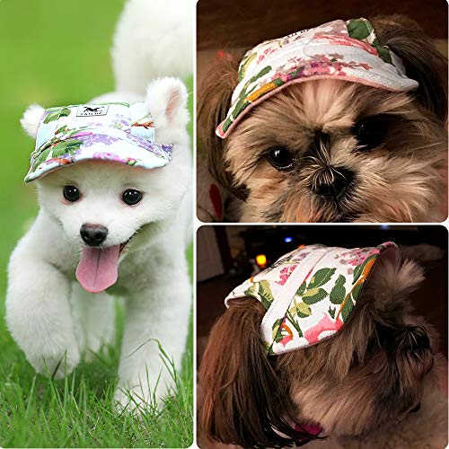 Happy Hours - Small Pet Dog Cat Baseball Visor Sports Hat Cap Puppy Summer Baseball Outdoor Ear Holes Sunbonnet Outfit Elastic Leather Neck Strap 6 Colors 2 Sizes Available (Flowers, Size M)