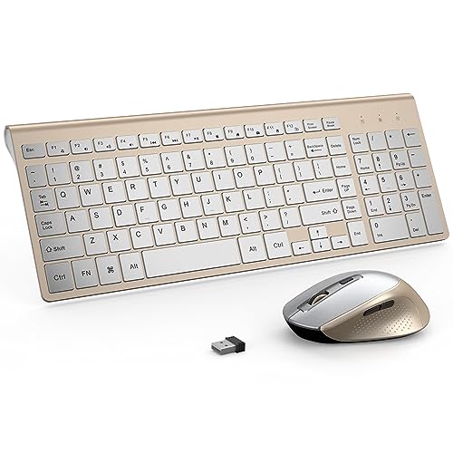 Wireless Keyboard Mouse Combo, J JOYACCESS Ergonomic and Portable Wireless Keyboard and Mouse Set for Laptop/Computer/Desktop/PC-Silver/Gold