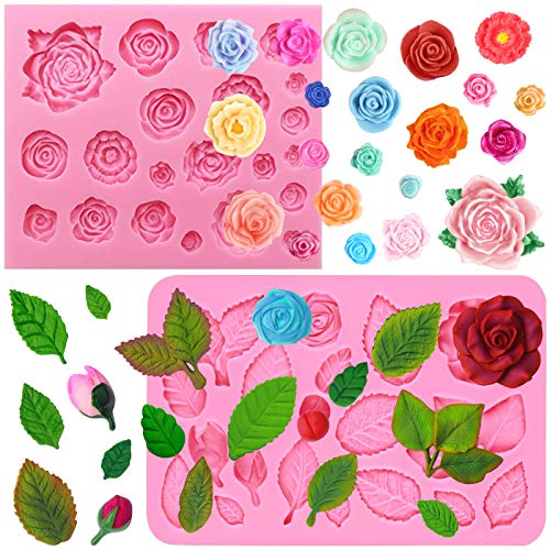 Rose Flower and Leaf Silicone Fondant Molds 40-Cavity Set 2-Tray