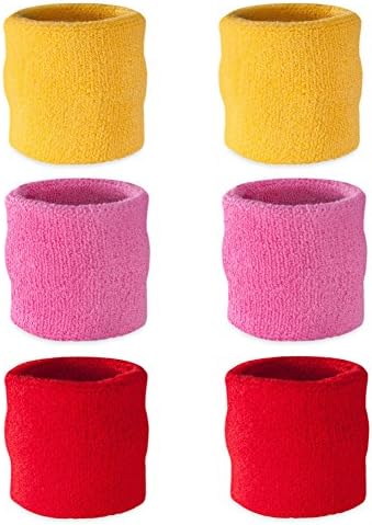 Trymie 3 Pairs 3 Colors Wrist Sweatband Also Available in Neon Colors - Athletic Cotton Terry Cloth Wristband Bracers for Sports (Lemon Yellow+Pink+Red)