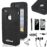 SQDeal Hybrid Hard Case Protective Cover with Touch Stylus Pen, Front Back Screen Protector, Dust Plug, Earphone for iPhone 4/4s - Black