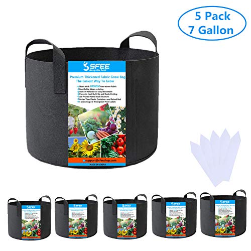 Sfee 5 Pack 7 Gallon Grow Bags,400GSM Thickened Non-Woven Fabric Pots Planting Container with Handles for Garden, Vegetable, Fruit, Carrot, Tomato, Tree + 5 Waterproof Labels(Black)