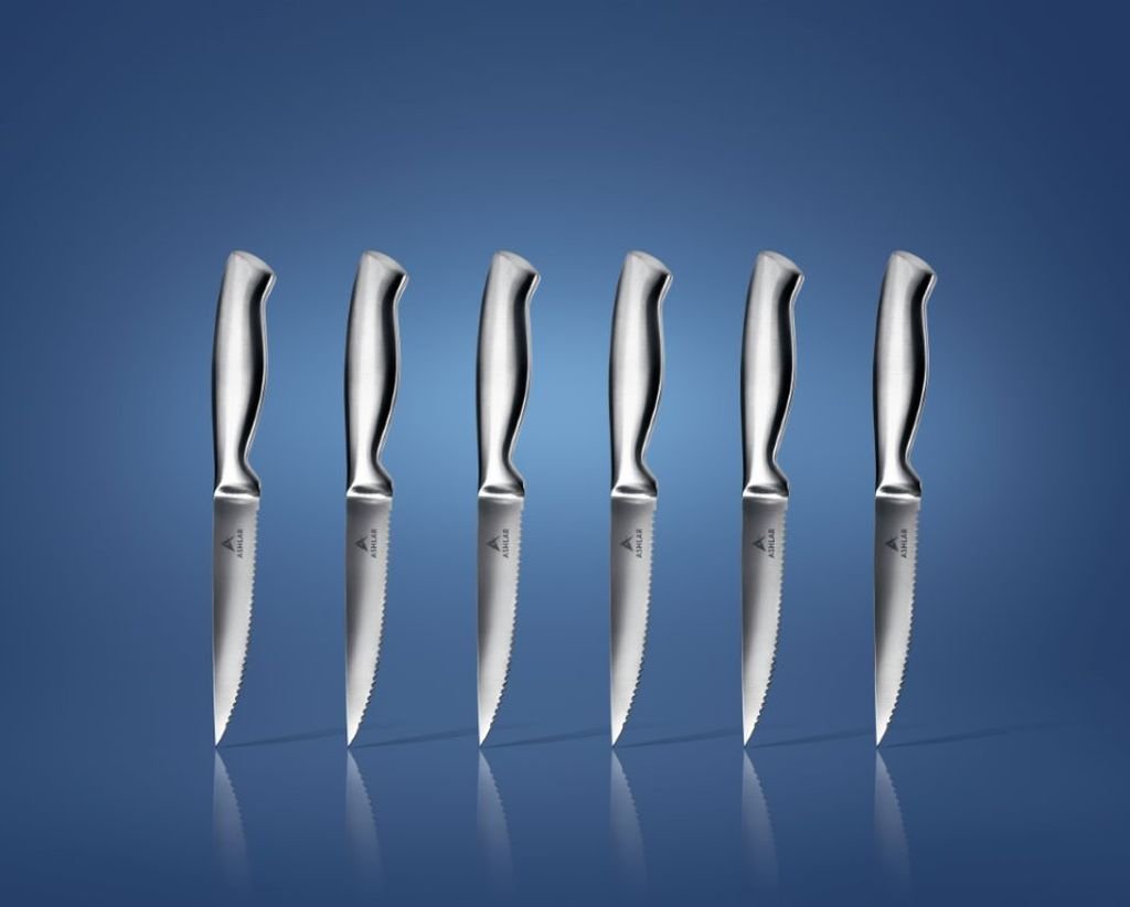 Ashlar Steak Knives Set of 6 Serrated Stainless Steel Dishwasher Safe