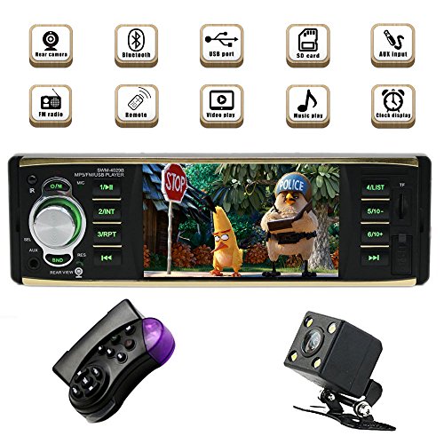 Single Din Bluetooth Car Stereo with USB/SD/AUX/FM Car Radio Player Car Audio with 4.1 inch HD Screen Backup Camera Steering Wheel Remote Control