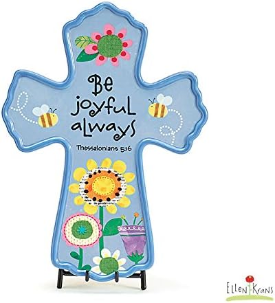 Table or Wall - Ceramic CROSS - Be JOYFUL Always - Thessalonians 5:16 - Ellen Krans Artwork GIFT BOXED - Bible Verse Collectible DECOR