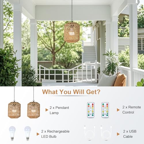 Rayofly 2 Pcs Indoor Rechargeable Hanging Lamp, Boho Hanging Lamp with Battery, Rattan Hanging Lamp without Power Supply, Outdoor Garden Lights with Bulb & Remote Control