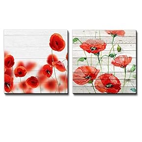 Photograph of Red Poppies on a Field Along with Watercolor Poppies Over White Wooden Panels - Canvas Art Home Art - 12x12 inches