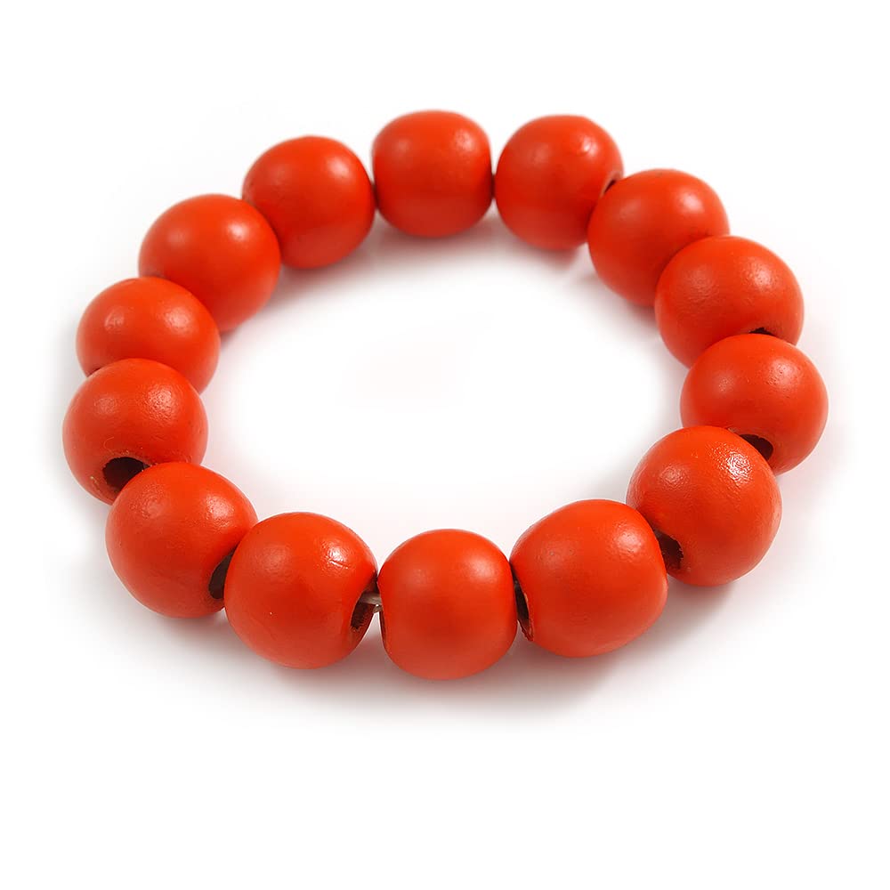 Avalaya Orange Painted Round Bead Wood Flex Bracelet - M/L