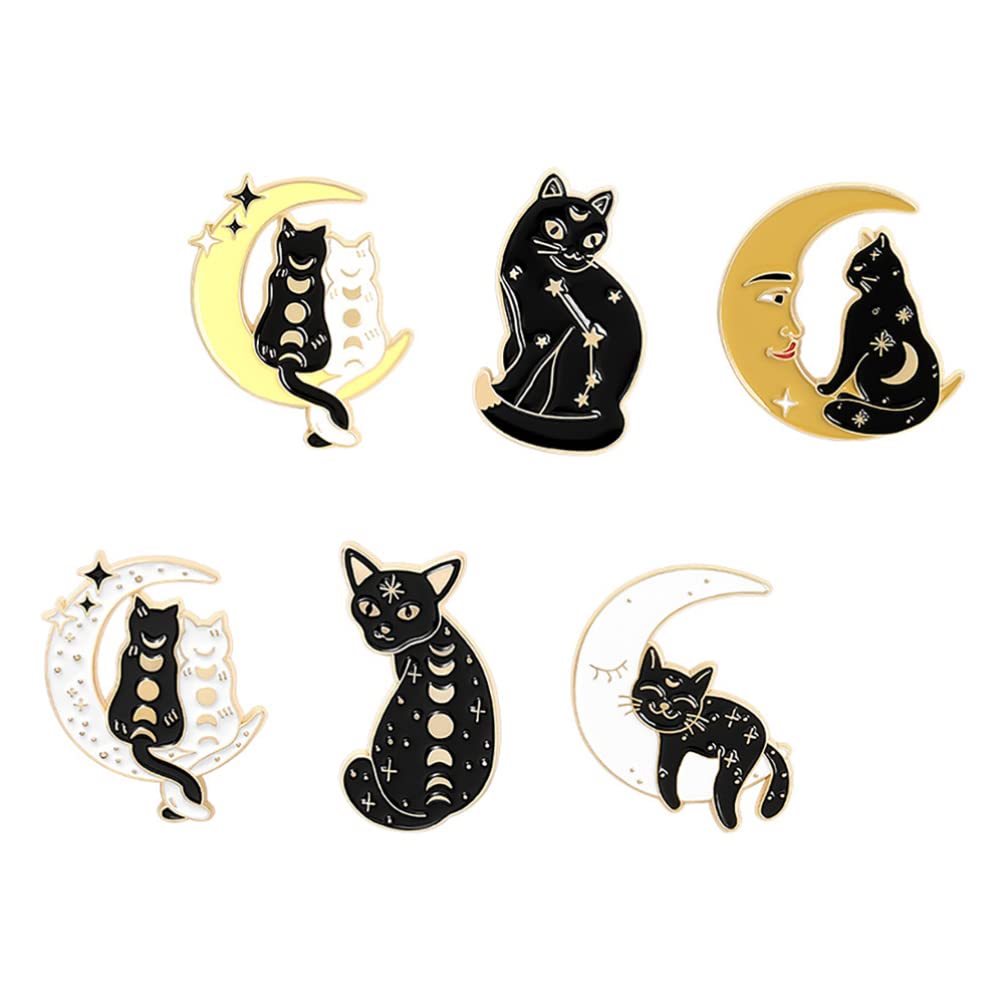 6pcs Gothic Enamel Pin Set Black Cat Moon Brooch Lapel Pin Animal Collar Pin Badge Jewelry for DIY Craft Shirt Hat Jacket Bags Clothes Wedding (Random)