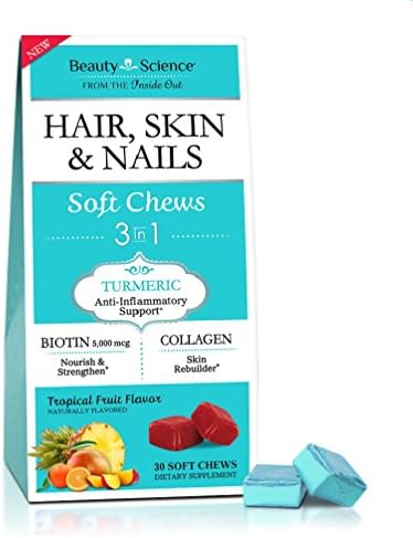 Beauty Science, Hair, Skin & Nails, Tropical Fruit Flavor Soft Chews, Supporting Collagen Synthesis, Packed with Biotin & Turmeric, 30 Count