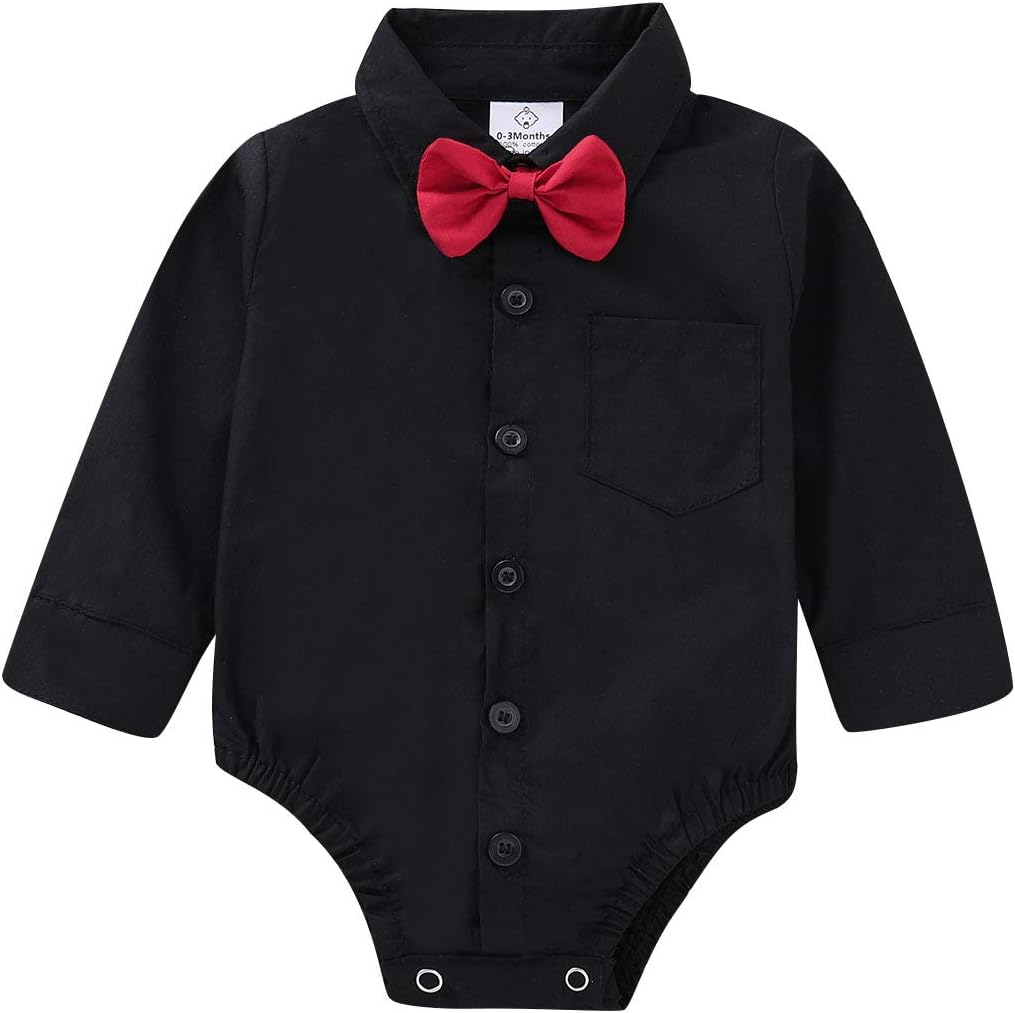 OPAWOBaby Boy Dress Shirt Button Down T-Shirt with Bow-tie Gentleman Bodysuit Romper for Infants Birthday Party Cake Smash Photo Shoot Wedding Christening