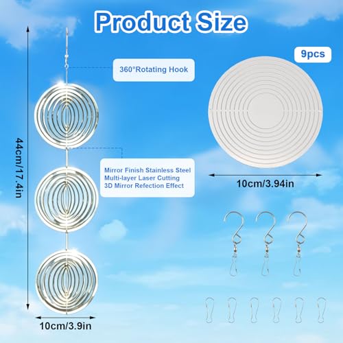 Gulxwis Reflective Bird Repeller, 3 Pieces Stainless Steel 3D Rotating Scarecrow, Wind Mill for Garden and Outdoor, Visual Repellent for Patio, Balcony and Orchard