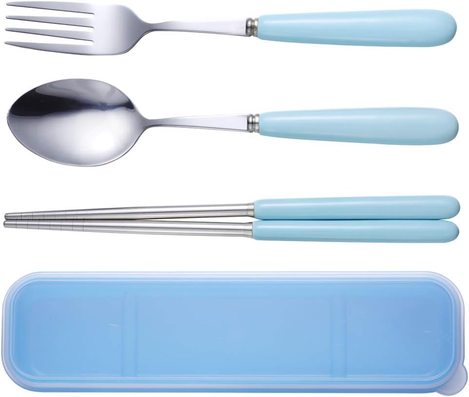 Reusable Flatware Set ，Ccinny 3PCS Stainless Steel Ceramics (Fork, Spoon, Chopsticks) Portable Travel Utensil Set for Travel/Camping, Office Lunch With Carry Box (Blue)
