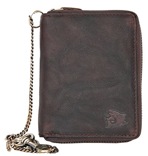 Strong Genuine Leather Wallet with Metal Zipper Around with Chain with Shark