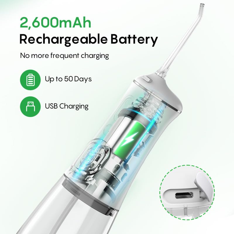 FRESKO Water Dental Flosser, 50-Day Battery Life Oral Irrigator with Constant Pressure, 300ML Water Flosser for Teeth with 5 Nozzles, IPX7 Waterproof, Ideal for Braces and Sensitive Gums