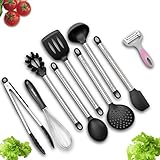 Kitchen Tools, BravRain 8 Pieces Silicone Kitchen Utensils with a Julienne 3 Blades Peeler, Nonstick Cooking Tools, Spoon, Strainer, Spatula Tools, Ladle, Whisk, Serving Tongs, Pasta Server