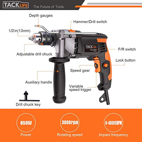 Hammer Drill, TACKLIFE 7.1Amp 3000RPM, 48000BPM Corded Drill with 15