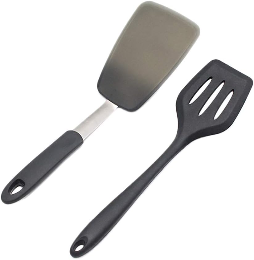 To encounter Silicone Spatula Set Nonstick Rubber Slotted Turner Pancake Flippers Heat Resistant Silicone Turner Spatula Set Silicone Cooking Utensil Set Dishwasher Safe (Set of 2-black)