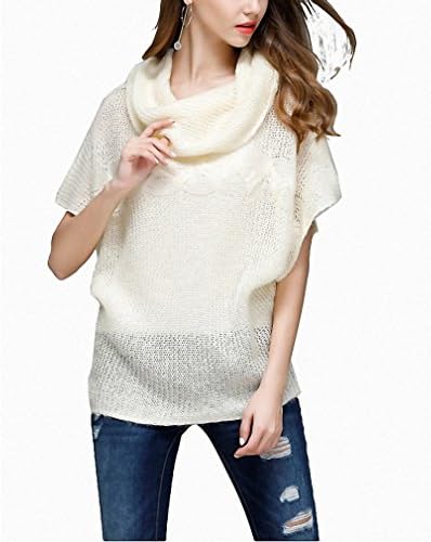 women's pure color hedge loose bat short sleeves knitted blouse twist high collar wide loose sweater white S