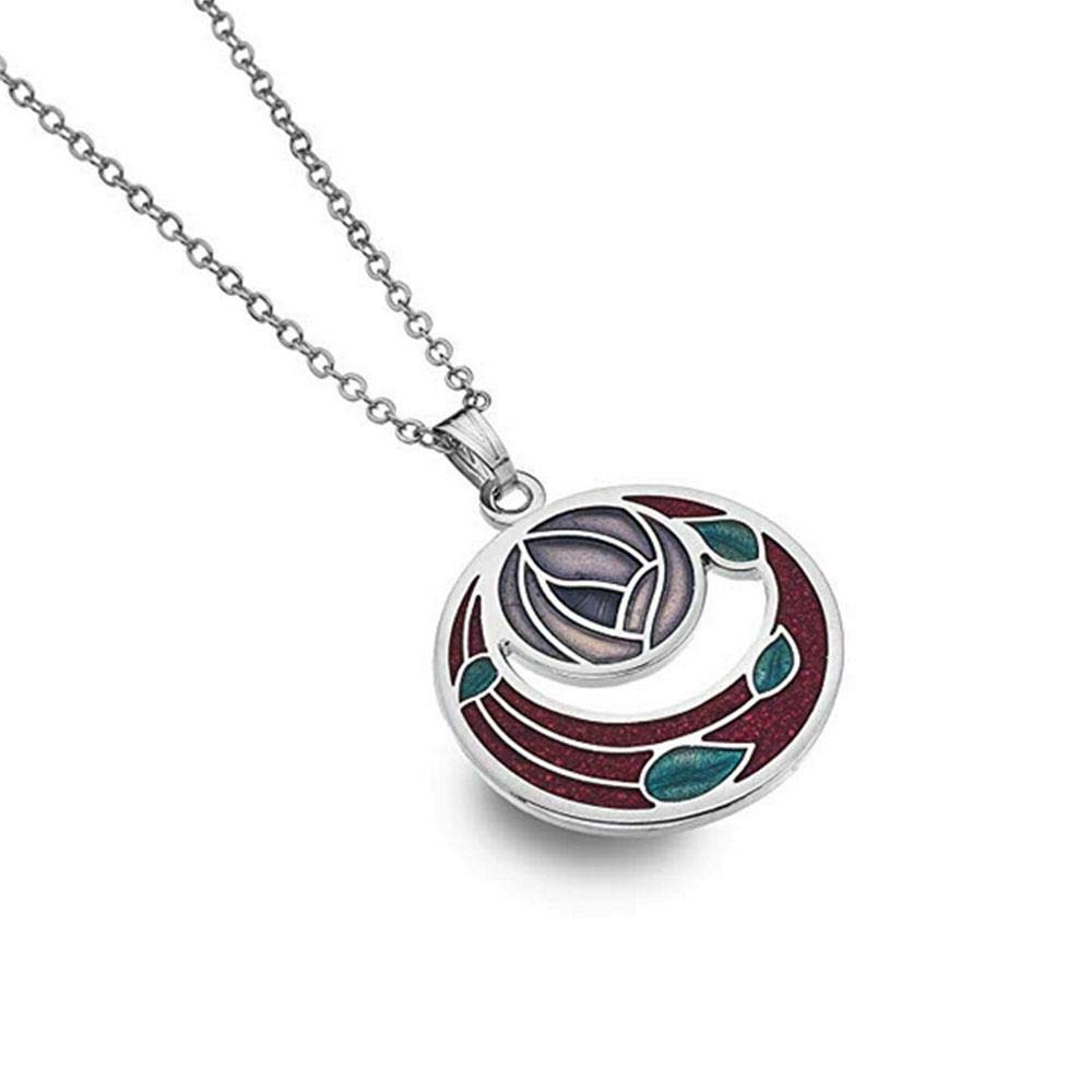 Rennie Mackintosh Inspired Enamelled Rose and Coils Necklace Pendant