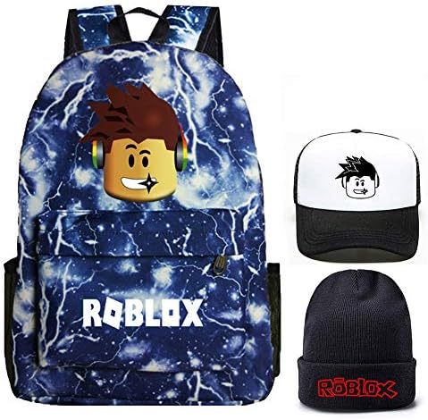 Roblox Backpack With Baseball Cap and Knitted Hat, Student Bookbag Laptop Backpack Travel Computer Bag for Boys Girls Kids Teenagers Game Fans Gift (Lightning Blue)