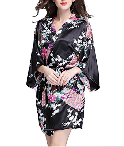 Women's Robes Peacock Blossoms Kimono Silk Nightwear Short Style