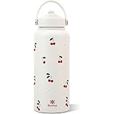32 oz Insulated Water Bottle with Straw, Leak Proof Water Bottle Stainless Steel with Flip Straw and Handle, Metal, Reusable, Wide Mouth, for Travel, Gym and School (Cream Cherry)