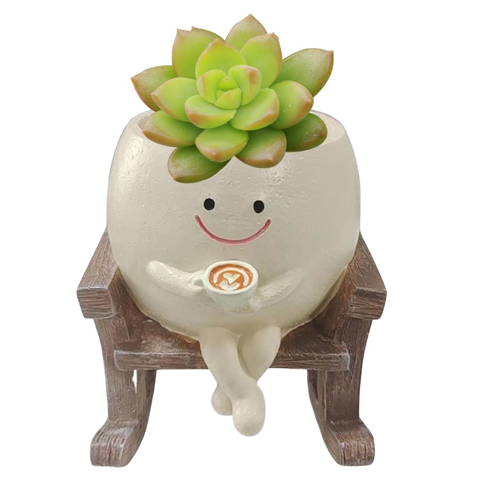 KBIBCK Smile Face Planter Pot, Cute Plant Pot with Face, Resin Swinging Sit Flower Pot with Drainage Hole, Funny Succulent PlantPot, FacePlant Pot Rocking Chair Plant Pot for Indoor Outdoor Home