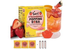 TWRL M!LK TEA Twrl Strawberry Popping Boba for Bubble Tea - Cafe Style Bursting Juice-Filled Pearl Toppings at Home, Instant, Plant-Based, Gluten-Free, Dye-Free, No High Fructose Corn Syrup - 3 Single Servings and 3 Boba Straws