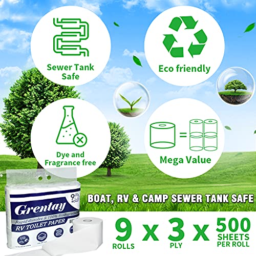 Rapid Dissolving RV Toilet Paper Septic Safe, Camping Toilet Paper Biodegradable, 9 Mega Rolls