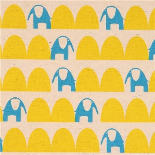 Natural color cute blue elephant yellow half oval Canvas fabric Kokka Japan (per 0.5 yard unit)