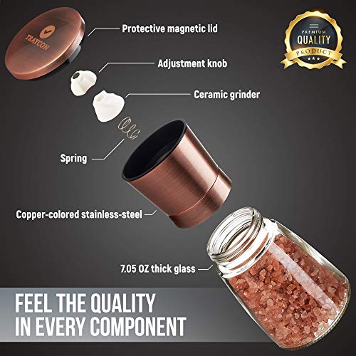 Traycon Salt And Pepper Grinder Set (2 Pc.) Copper Colored Stainless-Steel, Glass Base/Kitchen, Dining Room Accessory/Spices, Himalayan Pink Salt, Peppercorn/With Bonus Black Silicon Stand