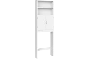FullFurnique Over The Toilet Storage with Double Doors and 2 Open Shelves, Adjustable Shelf, Wooden Organizer Cabinet Unit fo